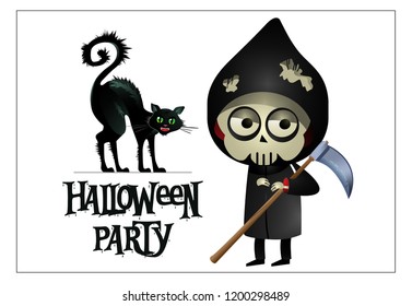 Happy Halloween lettering with grim reaper and black cat. Invitation or advertising design. Typed text, calligraphy. For leaflets, brochures, invitations, posters or banners.