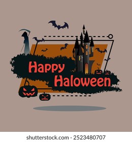 Fröhliche Halloween-Schrift mit grimmigem Schnitter, altes Schloss. Kürbislaternen, fliegende Fledermäuse auf Hintergrund. Texteingabe, Kalligrafie. Feiertag, Feier, Partykonzept. Vektorgrafik für Bannerdesign