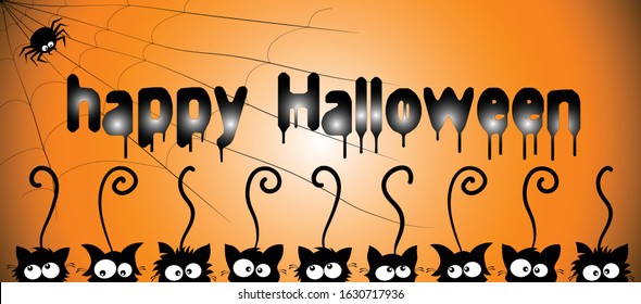 Happy Halloween lettering with grunge decoration. Abstract orange halloween background with black amusing cats, spider and cobweb.