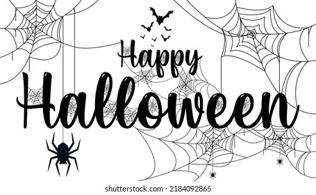 Happy Halloween lettering. Handwritten calligraphy with spider web and bats for greeting cards, posters, banners, flyers and invitations. Happy Halloween text, holiday background
