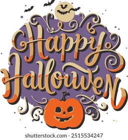 Happy Halloween lettering. Handwritten calligraphy with spider web and bats for greeting cards, posters, banners, flyers and invitations. Happy Halloween text, holiday background.