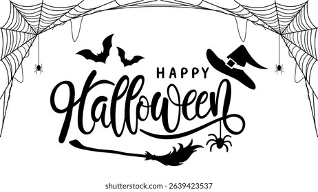 Happy Halloween lettering. Handwritten calligraphy with spider web and bats for greeting cards, posters, banners, flyers and invitations. Happy Halloween text, holiday background