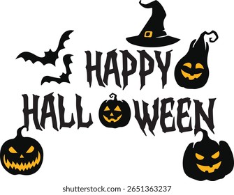 Happy Halloween lettering. Handwritten calligraphy with spider web and bats for greeting cards, posters, banners, flyers and invitations. Happy Halloween text, holiday background