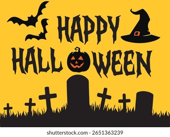 Happy Halloween lettering. Handwritten calligraphy with spider web and bats for greeting cards, posters, banners, flyers and invitations. Happy Halloween text, holiday background