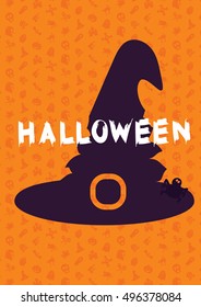 Happy Halloween Lettering with hat, spider. Halloween concept for print, greeting, t-shirt. Halloween card. Halloween poster. Design halloween elements. Vector banner with happy halloween text