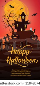 Happy Halloween lettering. Haunted house, pumpkins, cemetery and bats in moonlight. Halloween night background. Holiday concept. Vector illustration can be used for posters, flyers, banners