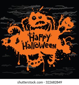 Happy Halloween lettering. Halloween holiday background. Monsters or aliens silhouettes in color ink blobs. Vector illustration for party backdrop, cards, posters