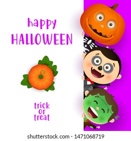 Happy Halloween lettering, kids in monsters costumes. Invitation or advertising design. Typed text, calligraphy. For leaflets, brochures, invitations, posters or banners.