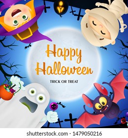Happy Halloween lettering with kids in monsters costumes. Invitation or advertising design. Handwritten text, calligraphy. For leaflets, brochures, invitations, posters or banners.