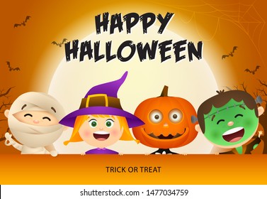 Happy Halloween Lettering, Kids In Zombie And Witch Masks. Invitation Or Advertising Design. Typed Text, Calligraphy. For Leaflets, Brochures, Invitations, Posters Or Banners.