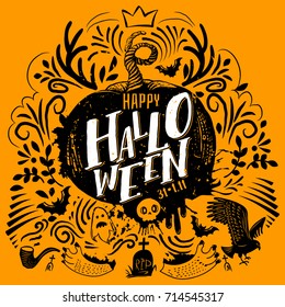 Fröhliches Halloween-Logo. Grußkarte mit Hörnern, Geist, wilde Katze, Grab. Handgezeichnete Typografie für Horrorurlaub