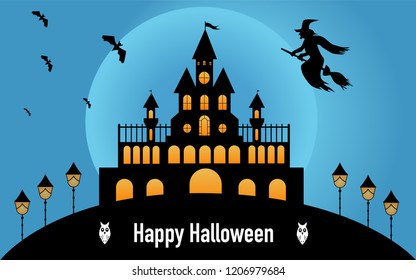 Happy Halloween lettering logo poster banner, holiday calligraphy with bats, castle, witch, greeting card, party invitation background illustration
