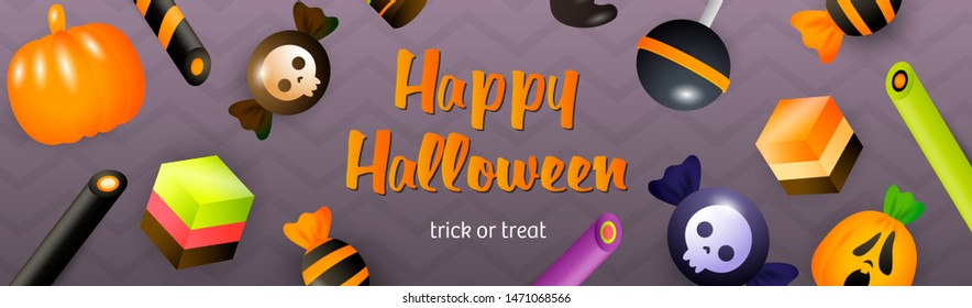 Happy Halloween lettering with lollipop, cakes and sweets. Invitation or advertising design. Handwritten text, calligraphy. For leaflets, brochures, invitations, posters or banners.
