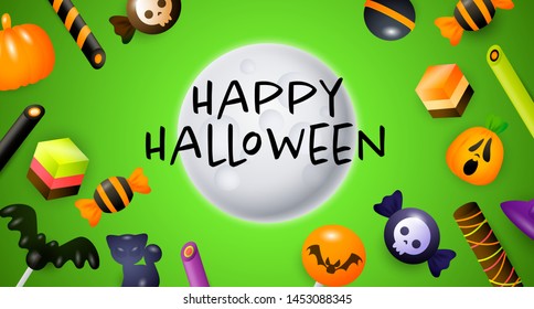 Happy Halloween lettering with moon and confectionery. Invitation or advertising design. Typed text, calligraphy. For leaflets, brochures, invitations, posters or banners.