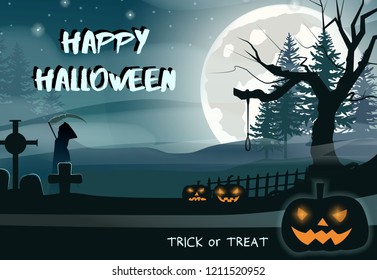 Happy Halloween lettering with moon and Jack O Lantern. Invitation or advertising design. Typed text, calligraphy. For leaflets, brochures, invitations, posters or banners.