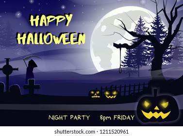 Happy Halloween lettering with moon, trees and pumpkins. Invitation or advertising design. Typed text, calligraphy. For leaflets, brochures, invitations, posters or banners.