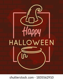 happy halloween lettering in neon light with witch cauldron and hat vector illustration design