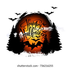 Happy Halloween lettering. Night background with cartoon ghosts, realistic clouds, bats and full moon. Hand drawn brush background.