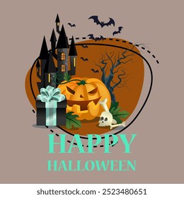 Happy Halloween lettering with old castle, pumpkin lantern, gift box, skull and bones. Typed text, calligraphy. Holiday, celebration, party concept. Vector illustration for invitation or banner design