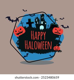 Happy Halloween lettering with old castle at graveyard, scary pumpkin lanterns and flying bats. Typed text, calligraphy. Holiday, celebration, party concept. Vector illustration for banner design