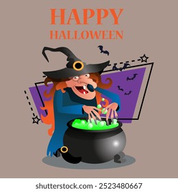 Happy Halloween lettering with old witch preparing potion, flying bats on background. Typed text, calligraphy. Holiday, celebration, party concept. Vector illustration for invitation or banner design