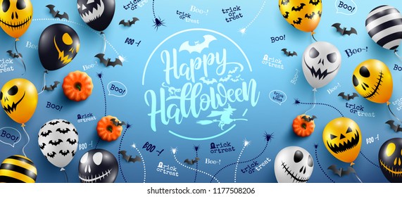 Happy Halloween Lettering on Blue Background with Halloween Ghost Balloons.Scary air balloons.Website spooky,Background or banner Halloween template.Vector illustration EPS10