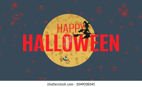 Happy Halloween lettering on dark background. Greeting card  calligraphy with spider, web and witch for holiday banner, poster or invitation greeting card, sale placard, flyer.  Vector illustration