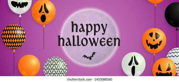 Happy Halloween lettering on moon with balloons. Invitation or advertising design. Typed text, calligraphy. For leaflets, brochures, invitations, posters or banners.