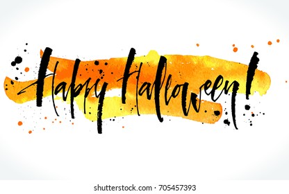 Happy Halloween lettering on watercolor background. Handwritten modern calligraphy, brush painted letters. Vector illustration. Template for banners, posters, flyers, greeting cards or photo overlays.