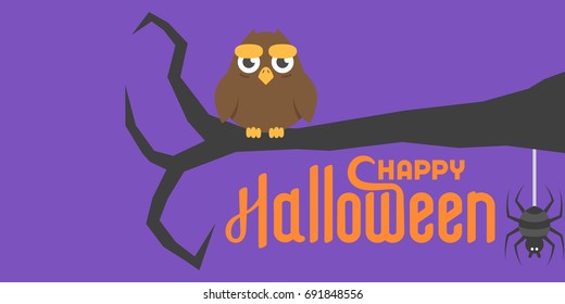 Happy halloween lettering and owl on branch on purple background