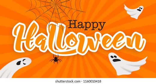 Happy Halloween lettering in paper cut technique, vector illustration. Orange comic sunburst background, spider on web, flying ghosts graphic design elements.