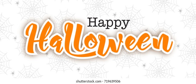 Happy Halloween lettering in paper cut technique, vector illustration. Hand drawn text, spider on web pattern, isolated on white background.