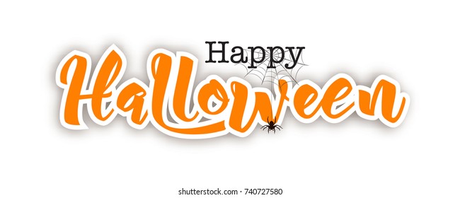 Happy Halloween lettering in paper cut technique, vector illustration. Hand drawn text, spider on web hanging, isolated on white background.