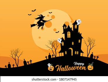 Happy Halloween lettering for party invitation card. Haunted House. Witch flying over the moon. Vector illustration