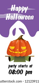 Happy Halloween lettering with party time and scarecrow with pumpkin head. Invitation design. Typed text, calligraphy. For leaflets, brochures, invitations, posters or banners.