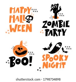 Happy Halloween lettering phrases set. Traditional symbols. Vector illustration