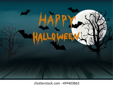Happy Halloween lettering with plank wooden floor , full moon, scary tree and bat for poster, card and banner design in vector illustration format