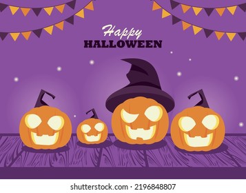happy halloween lettering postcard with pumpkins