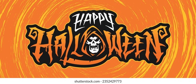 Happy Halloween lettering poster colorful with scary skull in hood with sharp scythe for party on october 31 vector illustration