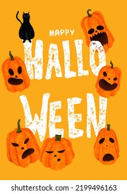 Happy Halloween сhalk lettering. Poster with Jack O'lantern pumpkins,  black cat and calligraphy on orange background
