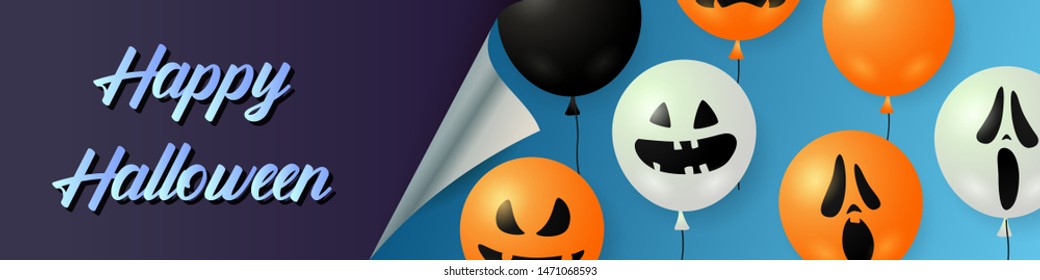 Happy Halloween lettering with pumpkin balloons. Invitation or advertising design. Handwritten text, calligraphy. For leaflets, brochures, invitations, posters or banners.