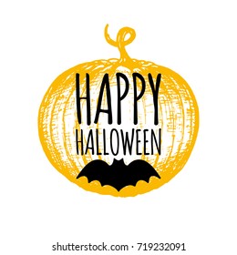 Happy Halloween lettering with pumpkin and bat vector illustration for party invitation card, poster. All Saints' Eve background.