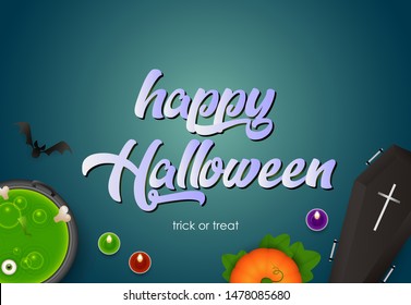 Happy Halloween lettering with pumpkin, coffin, boiling potion and candles on navy background. Lettering can be used for posters, leaflets, flyers