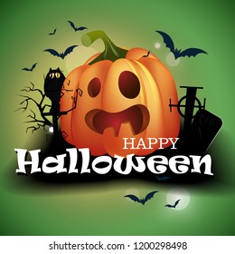Happy Halloween lettering with pumpkin and flying bats. Invitation or advertising design. Typed text, calligraphy. For leaflets, brochures, invitations, posters or banners.