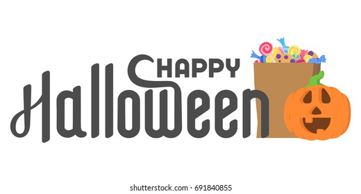 Happy halloween lettering with halloween pumpkin and package with a candies and lollipops and cookies