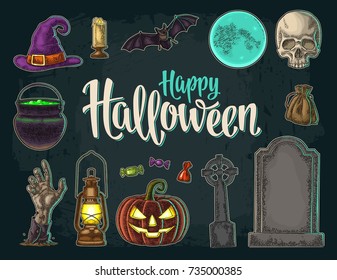 Happy Halloween lettering. Pumpkin with scary face, bat, skull, bag, candle, witch hat, candy, hand, cauldron, cross, grave. Vector color vintage engraving illustration isolated on dark background