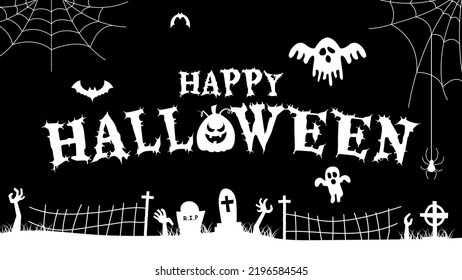 Happy halloween lettering with halloween pumpkin, spider, spider web, flying bat and ghost