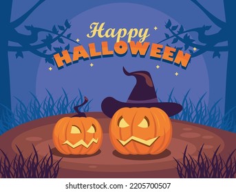 happy halloween lettering with pumpkins