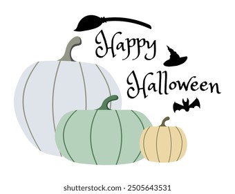 Happy Halloween lettering with pumpkins, bat, witch hat and magic broom