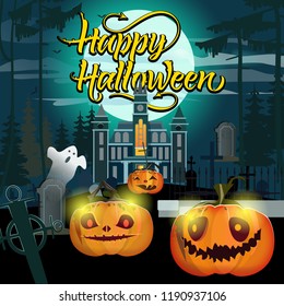 Happy Halloween lettering with pumpkins, ghost and cemetery. Invitation or advertising design. Handwritten text, calligraphy. For leaflets, brochures, invitations, posters or banners.